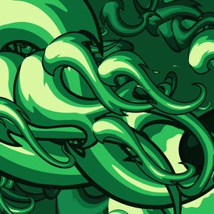 Op de afbeelding: Een grafische illustratie met wervelende, vloeiende vormen in diverse groentinten, variërend van licht limoengroen tot diepe bostinten. De compositie bevat langwerpige, tentakelachtige vormen die over het beeld buigen en overlappen.