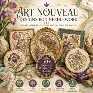 Vintage Art Nouveau Needlework Patterns PDF | Antique Embroidery Designs, Ornamental Flowers, Textile Art | Digital Download