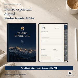 May include: A digital spiritual journal for iPad featuring a dark blue cover with a mountain landscape and gold text reading Diario Espiritual. The interior page includes sections for daily Bible reading, prayer, gratitude, and reflection with side tabs.
