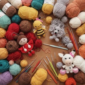 May include: A collection of colourful yarn balls surrounding several crocheted amigurumi figures including a bee, a girl, a dog, and a cow, accompanied by various metal and plastic crochet hooks arranged on a flat surface.