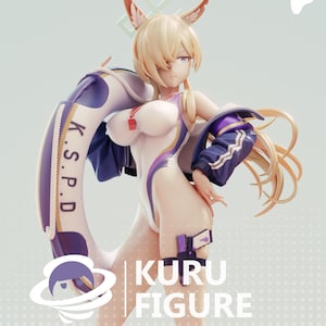May include: A blonde anime-style character figure with animal ears, wearing a white and purple swimsuit, a dark blue jacket, and a life buoy labeled K.S.P.D. The figure has a small pistol holstered on the thigh and displays the text KURU FIGURE.