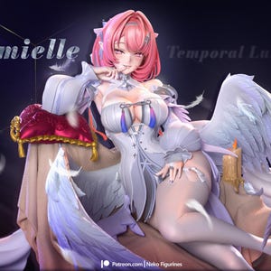 May include: A detailed anime-style figurine of Remielle, a character with pink hair and large white wings, wearing a white outfit with blue accents. The figure is posed reclining on a red cushion and fabric, surrounded by floating white feathers.