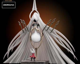 Op de afbeelding: Een diorama met een kleine wit-rode figuur met een naaldachtig zwaard voor een grote, lange, witgeklede entiteit met lang vloeiend haar, een puntige hoofdtooi en verschillende metalen naalden die rond het frame zweven.