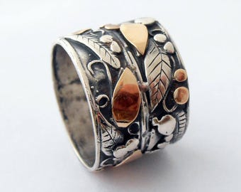 Handcrafted Sterling Silver & Gold Leaf Ring – Nature Inspired Statement Band