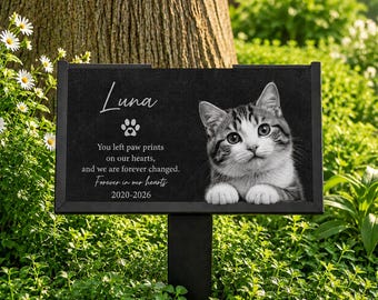 Piedra conmemorativa personalizada para gatos, marcador de tumba de granito, piedra de jardín con foto de gato personalizada, placa conmemorativa grabada, regalo para recordar a tu gato fallecido, lápida para mascotas.
