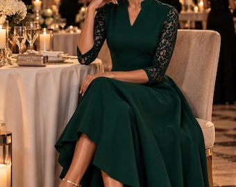 Abito midi da donna a trapezio, con scollo a V e maniche in pizzo, elegante abito svasato per cocktail, matrimoni e ufficio.