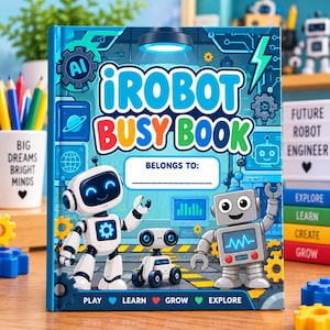 May include: A blue hardcover book titled iRobot Busy Book featuring a white robot, a small wheeled robot, and a grey robot on the cover. The cover includes the text Belongs To, Play, Learn, Grow, Explore, and AI, set against a background of gears.