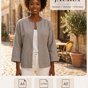 Può includere: Una giacca grigia aperta sul davanti con maniche a tre quarti e scollo rotondo. L'immagine include il testo CASUAL JACKET, Relaxed, Minimal, Effortless, ed elenca i formati A4 210 x 297 mm, LETTER 8.5 x 11 in, e A0 841 x 1199 mm.