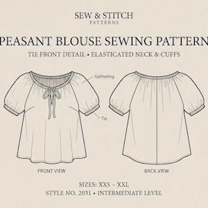 以下が含まれることがあります： Sew & Stitch Patternsによるペザントブラウスの縫製パターンの白黒線画。伸縮性のあるネックライン、ギャザー入りの袖、フロントの結び目ディテールを備えたブラウスの前面と背面の図。サイズはXXSからXXLまで。