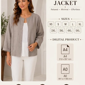 May include: A grey drop shoulder jacket with a round neckline and three-quarter sleeves. The image includes text: DROP SHOULDER JACKET, SIZES XS to 5XL, DIGITAL PRODUCT, A4 210 x 297 mm, A0 841 x 1189 mm, INSTANT DOWNLOAD, PRINT AT HOME, EASY TO USE & CUSTOMIZE.