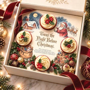 Könnte beinhalten: Eine weiße Geschenkbox mit vier Cupcakes mit weißem Zuckerguss, verziert mit roten Weihnachtssternen und grünem Stechpalmen-Dekor. Die Box zeigt eine Illustration vom Weihnachtsmann, Rentieren und den Text 'Twas the Night Before Christmas.'