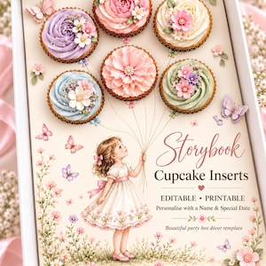 Puede incluir: Una caja rectangular que contiene seis cupcakes decorados y una tarjeta impresa con una niña sosteniendo cuerdas unidas a los cupcakes. La tarjeta incluye el texto Storybook Cupcake Inserts, EDITABLE PRINTABLE y Personalise with a Name & Special Date.