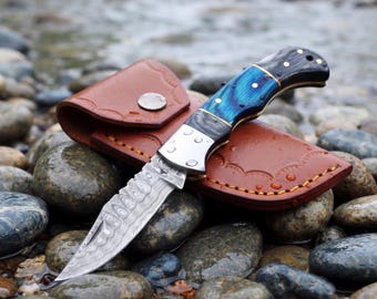 Damascus Pocket Knife Personalized, Folding Knife with Sheath, Groomsmen Gift for Men, Hunting Knife Custom Engraved, Anniversary Gift