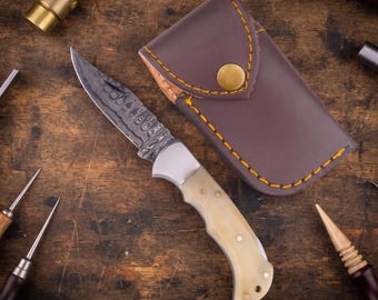 Damascus Steel Hunting Knife with Bone Handle, Fixed Blade Skinning Knife, Personalized Groomsmen Gift, Leather Sheath, Christmas Gift