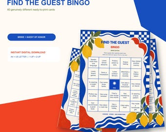 Vind de gastenbingo, 60 unieke printbare kaartjes voor een vrijgezellenfeest met citroenthema.