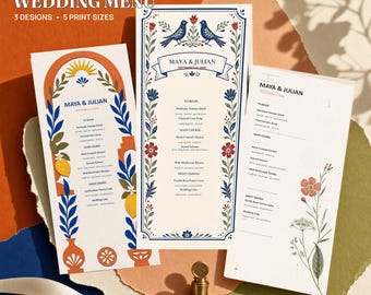 Bewerkbaar trouwmenu-sjabloonpakket, 3 ontwerpen, 5 printformaten, gratis te gebruiken op Canva