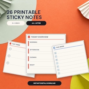 Printable Sticky Notes, 26 Functional 3x3 Weekly Planner Templates, A4 and Letter PDF PNG