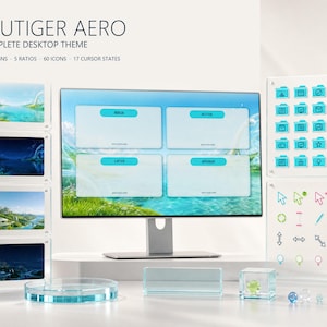 May include: A Frutiger Aero complete desktop theme digital product display featuring a computer monitor with four rectangular windows labeled Inbox, Active, Later, and Archive, alongside various icons, cursor states, and landscape wallpapers.