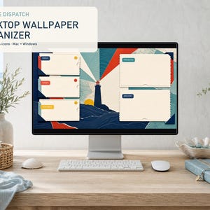 May include: A computer monitor displaying a desktop wallpaper organizer with a lighthouse graphic, featuring text that reads SEASIDE DISPATCH DESKTOP WALLPAPER ORGANIZER 12 layouts 64 icons Mac + Windows, with five cream-colored rectangular frames.
