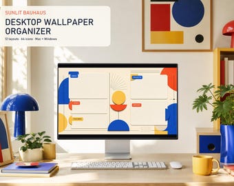 Kleurrijke Bauhaus bureaubladachtergrond voor Mac en Windows, 12 4K-lay-outs, 64 mapiconen