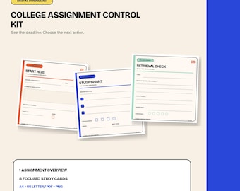 Printbare planner voor studenten, takenoverzicht en studiekaarten, A4-formaat (PDF en PNG).