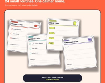 Afdrukbare plaknotities, 24 kaarten voor een thuisroutine, A4- en Letter-formaat (PDF en PNG).
