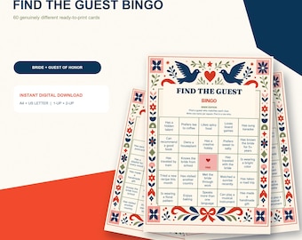 Vind de gastenbingo, 60 unieke printbare spelkaarten voor een moderne folkloristische vrijgezellenavond.