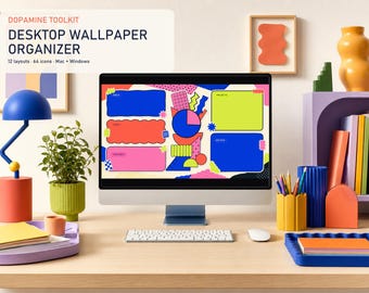 Dopamine Desktop Organizer Achtergrond voor Mac en Windows, 12 4K-lay-outs, 64 mapiconen