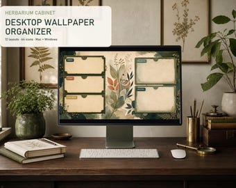 Vintage botanische bureaubladachtergrond voor Mac en Windows, 12 4K-lay-outs, 64 mapiconen