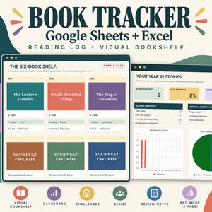 Feuille de calcul de suivi de lecture pour Google Sheets et Excel, bibliothèque visuelle et journal de lecture