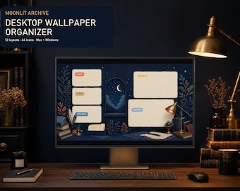 Donkere Academia bureaubladachtergrond voor Mac en Windows, 12 4K-lay-outs, 64 mapiconen