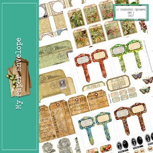 Puede incluir: Un paquete de papel digital con elementos de efímera vintage, incluyendo etiquetas, etiquetas y elementos decorativos. El paquete incluye una variedad de diseños, incluyendo patrones florales, texto e ilustraciones. Perfecto para scrapbooking, creación de tarjetas y otras manualidades de papel.