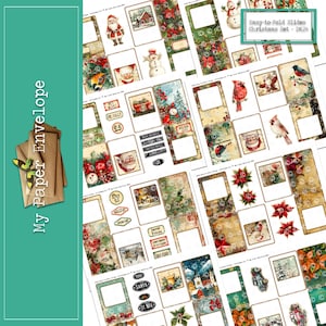 Puede incluir: Un conjunto de diapositivas de papel con temática navideña imprimibles para scrapbooking o la elaboración de tarjetas. Las diapositivas presentan una variedad de imágenes, que incluyen Papá Noel, muñecos de nieve, cardenales y otras escenas invernales. El texto "Easy-to-Fold Slides Christmas Set - DK24" está impreso en la parte superior de la página.