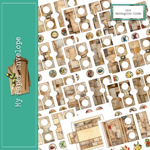 May include: A collection of vintage-style paper ephemera, including rectangular slides and circular embellishments with botanical and insect illustrations. The image also features a stack of brown paper envelopes with the text "My Paper Envelope".