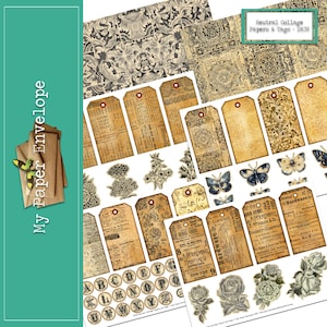 Puede incluir: Una colección de papeles y etiquetas de collage en tonos neutros con diseños vintage. El conjunto incluye varias etiquetas, adornos florales y de mariposas, y papeles estampados. El texto "Neutral Collage Papers & Tags - DK38" es visible.