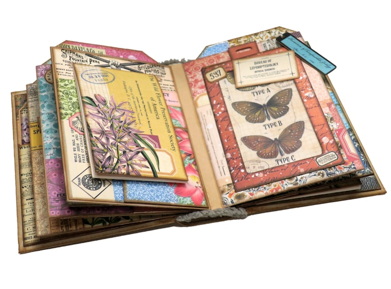 Op de afbeelding: Een open journal met pagina's versierd met vintage botanische illustraties, waaronder een close-up van een paarse bloem, en een pagina met een ingelijste illustratie van drie vlinders met de labels "Type A", "Type B" en "Type C".