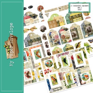 May include: A set of 36 vintage-style digital paper ephemera with a variety of images, including birds, flowers, frames, and text. The paper ephemera is perfect for scrapbooking, card making, and other paper crafts.
