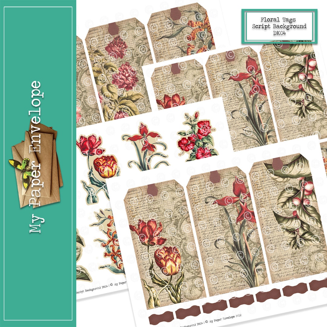DK04 Floral Tags Script Background Printable Journal Kit | Tags ...