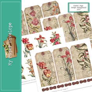 DK04 Kit de journal imprimable à fond scripté avec étiquettes florales | Tags éphémères