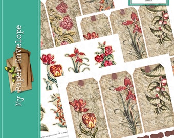 DK04 Floral Tags Script Background Printable Journal Kit | Tags Ephemera