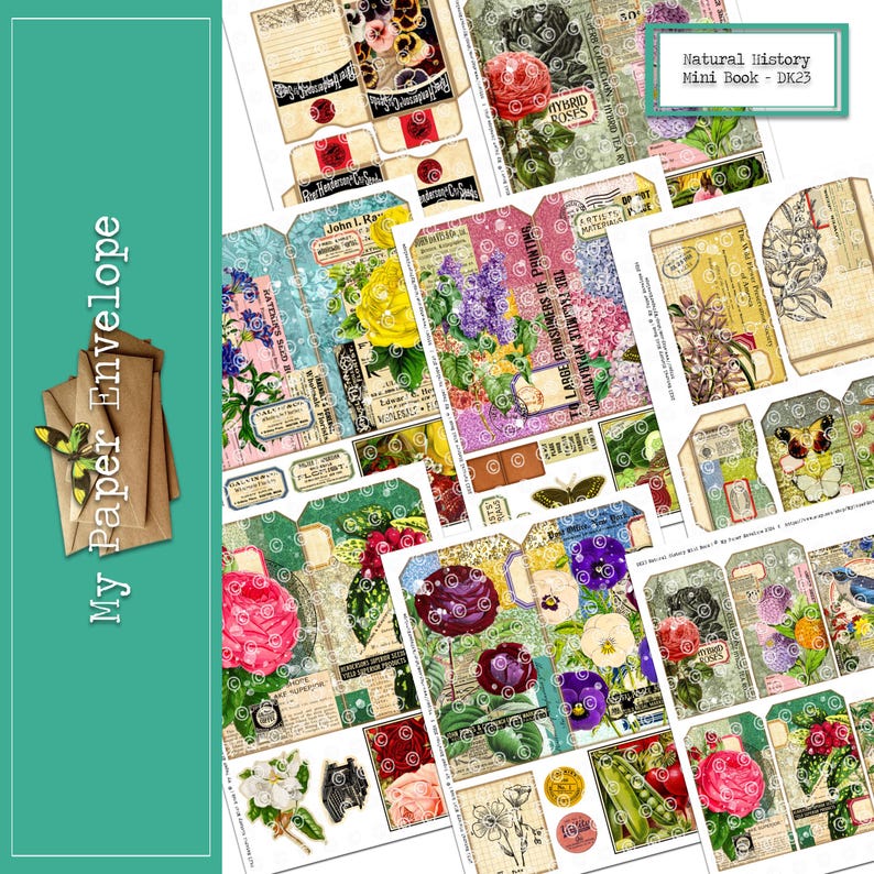 Op de afbeelding: Een set digitale printbare papieren met vintage botanische illustraties en tekst. De papieren bevatten afbeeldingen van bloemen, vlinders en andere natuurlijke elementen. De papieren zijn perfect voor scrapbooking, kaart maken en andere papierkunst.