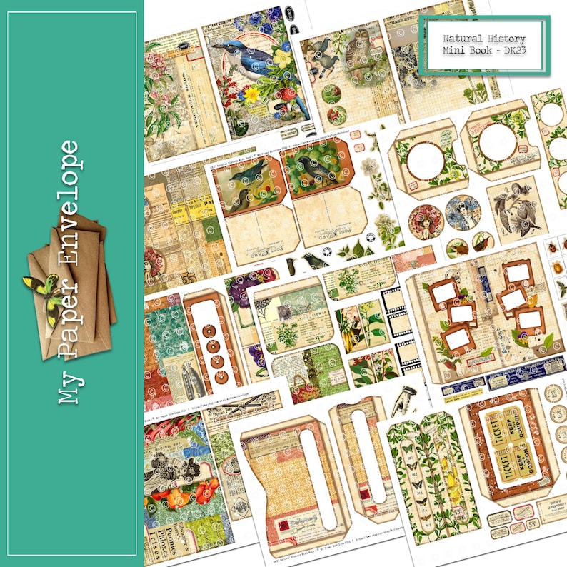 Op de afbeelding: Een printbaar digitaal papierpakket met een natuurhistorisch thema. Het pakket bevat afbeeldingen van vogels, bloemen, insecten en andere natuur-ge&iuml;nspireerde elementen. Het papierpakket is perfect voor scrapbooking, kaartmaken en andere papierambachten.