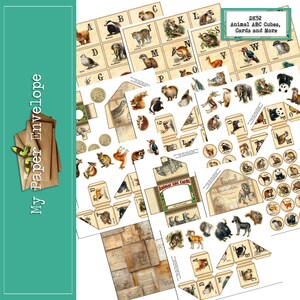 May include: A collection of vintage-style animal-themed ABC cards, cubes, and more. The cards feature illustrations of various animals with corresponding letters. The text "DK52 Animal ABC Cubes, Cards and More" is visible.