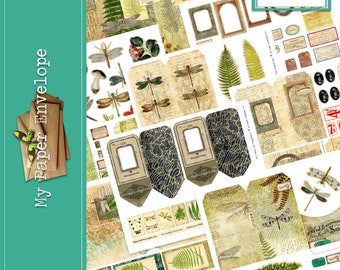 Ferns and Dragonflies DK07 Digital Printable Journaling Kit | Tags Ephemera