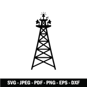 May include: A black silhouette icon of a communication tower featuring a lattice structure, a central beacon light, and multiple satellite dishes at the top. The text below reads: SVG - JPEG - PDF - PNG - EPS - DXF.