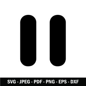 May include: A black pause icon consisting of two vertical rectangles with rounded ends, positioned side by side. Below the icon, the text reads SVG - JPEG - PDF - PNG - EPS - DXF in a white sans-serif font on a black horizontal bar.