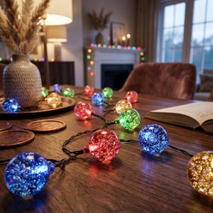 May include: A string of decorative globe lights featuring clear, bubble-textured spheres in various colors including red, blue, green, and gold. The lights are connected by a thin black wire and are arranged across a wooden surface.