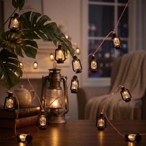 May include: A string of decorative fairy lights featuring miniature black lantern-shaped housings. Each small lantern contains a warm glowing LED bulb, connected by a thin wire. The lights are arranged in a cascading pattern, emitting a soft light.