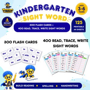May include: Kindergarten sight word educational set featuring 300 flash cards and 400 read, trace, and write sight words on 125 printable A4 sheets. Includes a cartoon character with a blue brain, yellow body, and cape, plus text for ages 3-6 years.