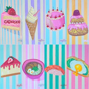 Peut inclure: Une collection de huit impressions d'art rectangulaires illustrant des aliments, notamment une part de gâteau aux fraises, une glace à l'italienne, un gâteau rose aux cerises, une pâtisserie, une part de cheesecake, un bol de ramen, des sushis et un toast à l'œuf.